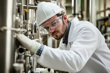 Chemical engineer conducting industrial research in a laboratory setting with advanced equipment and safety gear for enhanced chemical processes and industrial innovations