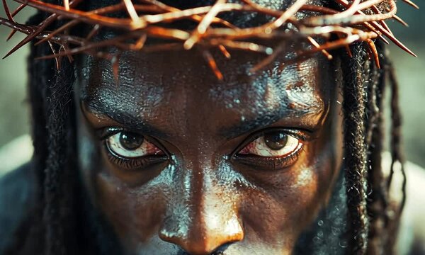 Black Jesus Wearing Crown of Thorns, Gaze Strong and Unwavering