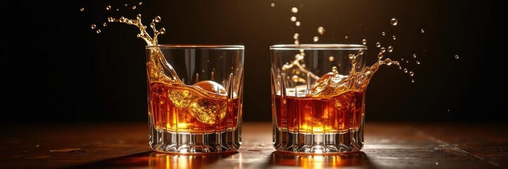 Two whiskey glasses with splashing liquid, capturing the essence of indulgence and celebration. Perfect for bars, liquor promotions, or lifestyle branding.