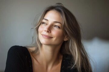 Naklejka premium Beautiful middle-aged woman in armchair lost in thought planning bright future at home