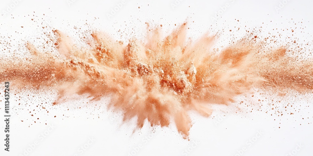 Poster abstract beige powder explosion on a white background creating a sense of chaos with vibrant splashe