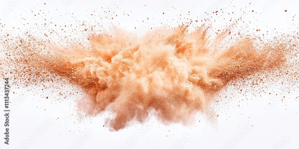 Poster dynamic beige powder explosion on a white background creating a chaotic visual with vibrant dust and