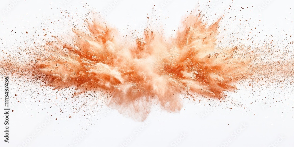 Poster beige explosion powder on white background creating chaotic burst of color and texture simulating ar