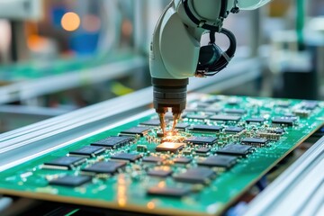 Industrial automation in electronics manufacturing robotic arm assembling circuit boards in a high-tech factory environment close-up perspective of advanced technology