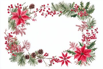 Watercolor Christmas Frame with Pine Branches and Ornaments