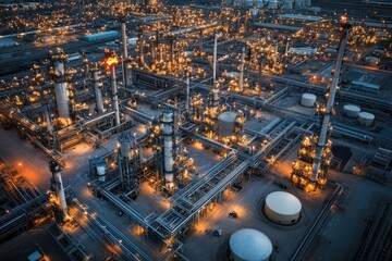 Naklejka premium Industrial oil refinery operations aerial view sprawling facility night environment high-detail perspective energy production concept