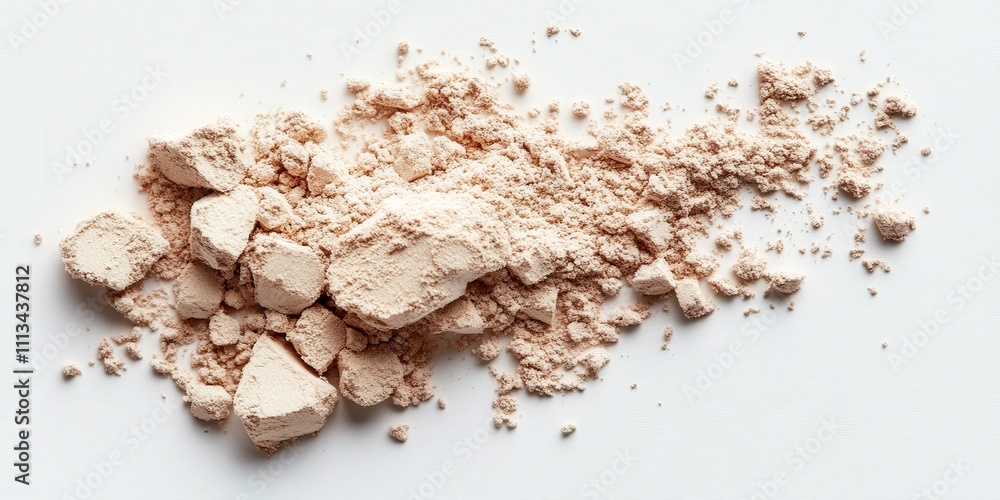 Poster beige powder explosion on white background creating a chaotic scene with textured crumbles and fine 