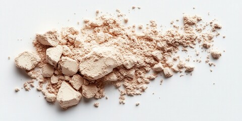 Beige Powder Explosion on White Background Creating a Chaotic Scene with Textured Crumbles and Fine Dust Particles Scattered Throughout