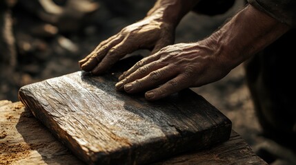 Rough Hands, Wooden Block, Dusty Texture, Labor, Hard Work, Craftsmanship, Aged Skin, Brown Tones, S