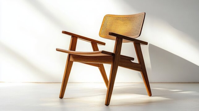 Minimalistic Scandinavian Wooden Chair with Cane Backrest and Seat Isolated on White Background - Powered by Adobe