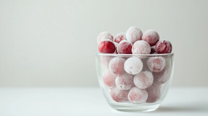 Frozen red grapes in glass bowl on white background for food and beverage design