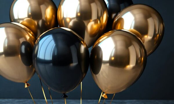 A cluster of shiny black and gold balloons against a dark background, ideal for celebrations.