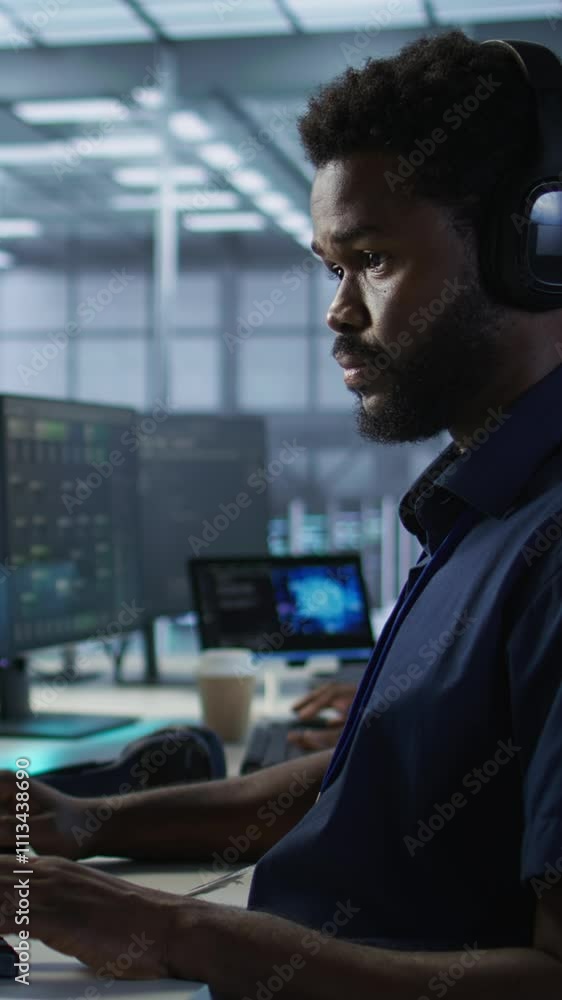Poster vertical video engineer in data center wearing headphones, implementing ai systems. server farm expe