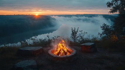 Campfire Glowing on a Cliff Overlooking Misty Valley at Sunrise