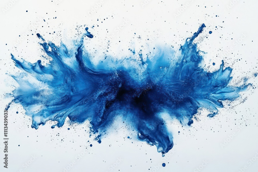 Poster blue powder explosion abstract expressionism on white canvas dynamic splash of colors fluid motion e