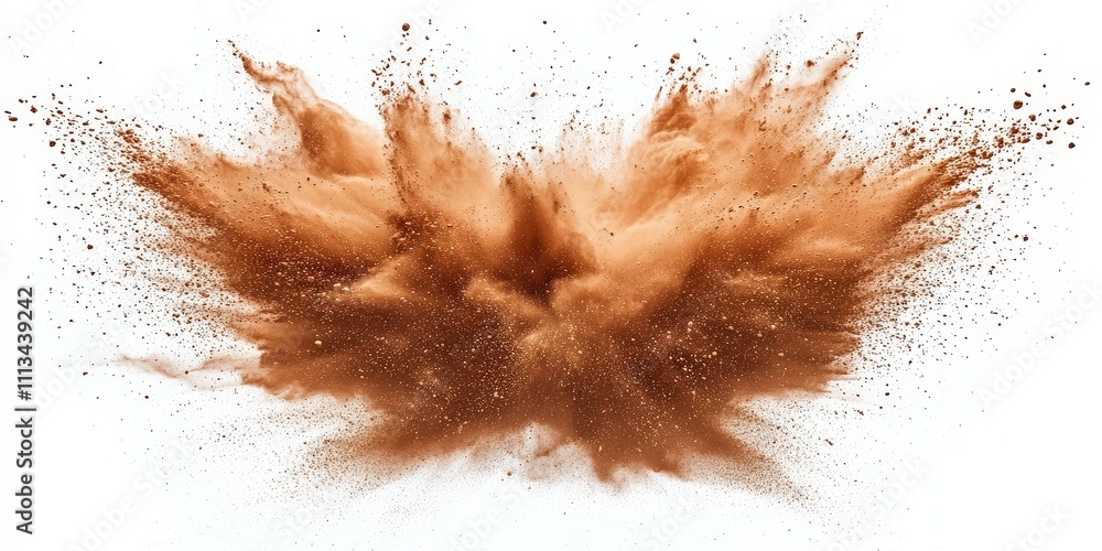 Aufkleber dynamic brown powder explosion creating chaos on a white background emphasizing motion and energy fo