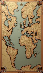 Vintage world map with ornate borders, ideal for travel, adventure, and educational themes, capturing a timeless exploration spirit.