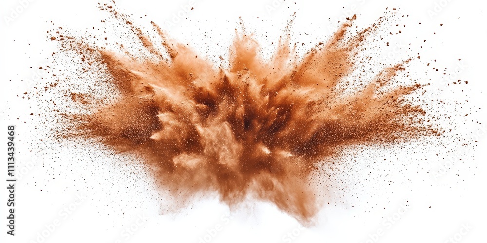 Poster brown powder explosion on a white background creating a chaotic and dynamic visual effect ideal for 
