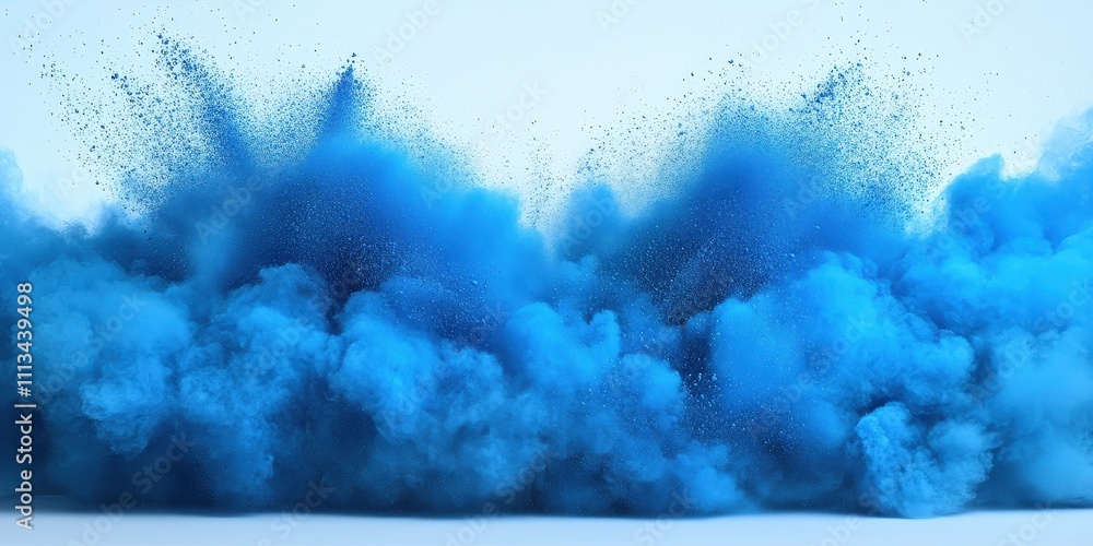Poster blue explosion of powder in chaos against a white background with vibrant clouds creating a stunning