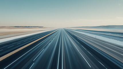 Naklejka premium shot of an empty highway road stretching into the horizon, with a futuristic vision of 2024-2030 depicted through digital overlays and clear skies