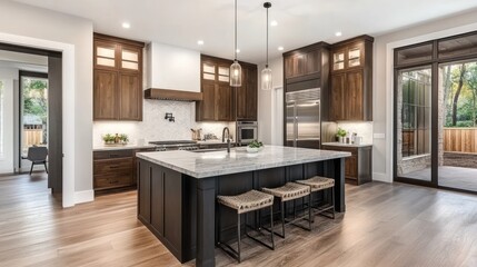 Modern Farmhouse Kitchen Island Design With Dark Wood Cabinets