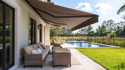 Fototapeta premium A tan and brown patio with a pool and a large umbrella