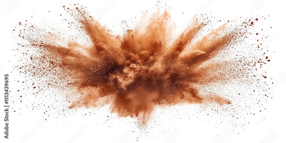 Poster brown powder explosion against white background creating a chaotic scene with cloud of dust and part
