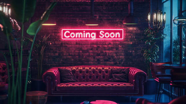 neon coming soon sign in cozy lounge setting , Streaming Screen Scene Overlay 