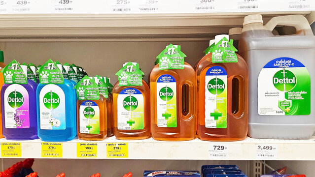 Dettol Disinfectant Bottles. Dettol Disinfectant Floor Cleaners on Supermarket Shelf. Thailand, December 3, 2024