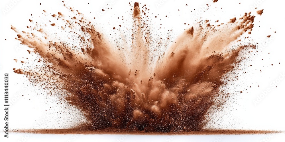 Poster dramatic brown powder explosion on white background creating chaos and energy with dust and particle