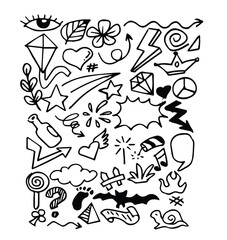 Fototapeta premium Abstract arrows, ribbons, crowns, hearts, explosions and other elements in hand drawn style for concept design. Doodle illustration.