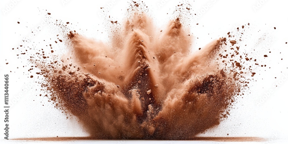 Aufkleber brown powder explosion on white background creating chaos in dynamic action scene captured in high d