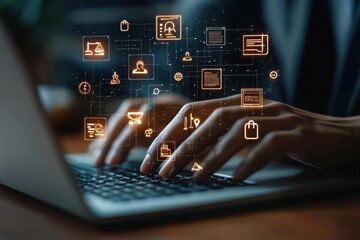 Online Legal Consulting with Minimalist Design, Professional Hands Typing on Laptop with Digital Law Icons