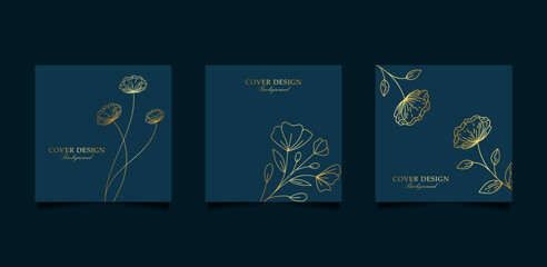 elegant gold floral line art on blue cover background for greeting card or invitation design © ikkiae01