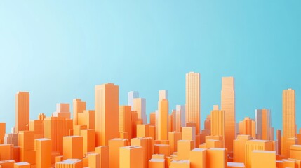 Naklejka premium A stylized, 3D rendered cityscape of orange and beige buildings against a pale blue sky. A modern, simplified, and vibrant urban landscape.