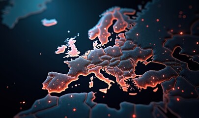 A stunning 3D map of Europe illuminated with glowing highlights, perfect for illustrating technological advancements, travel, and geographical insights.