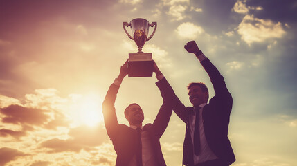 Fototapeta premium A successful business team celebrates their achievement, with two team members lifting a trophy as a symbol of teamwork and shared goals