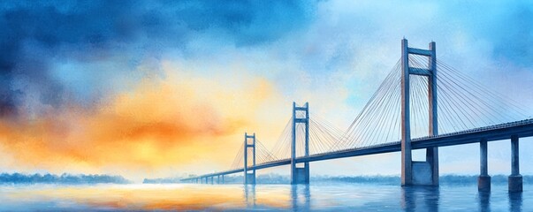 Fototapeta premium Sunset reflection over bridge serene river landscape artistic digital painting tranquil environment wide view conceptual beauty