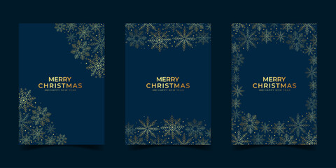 Merry christmas modern luxury for greeting card template design with golden snowflakes frame border art decoration on dark blue background