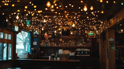 Obraz premium Cozy Bar Decorated With Fairy Lights And Bottles