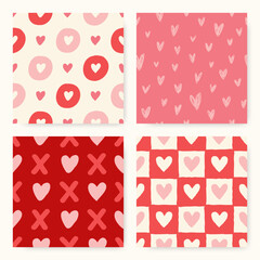 Set of seamless patterns for Valentine's day. Cute and sweet hand-drawn heart patterns in pink colors.