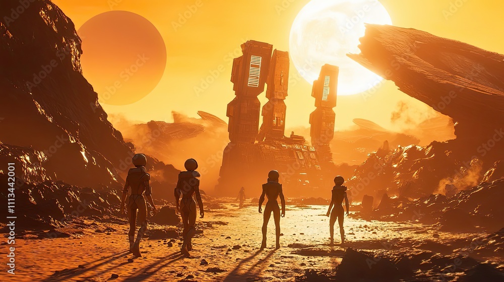 Aufkleber astronauts explore ancient alien structures on a desolate planet