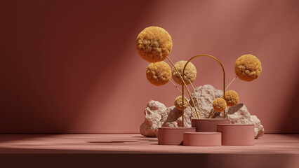 in landscape arch and rocks, 3d render mockup template red color curved cylinder podium