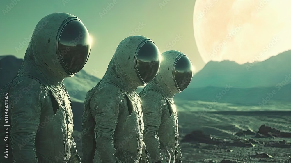 Poster three astronauts on an alien planet observe a large moon