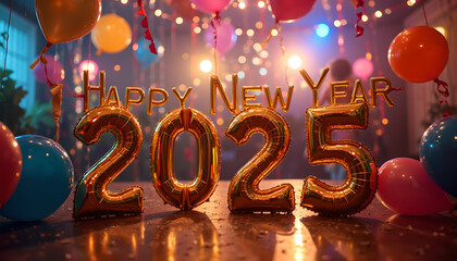 New Year, New Dreams Hello 2025, Balloons, party, golden, Ai generated 