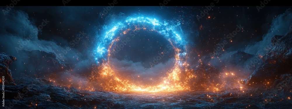 Poster mystical portal in dark environment with glowing blue lights surrounded by swirling mist and particl