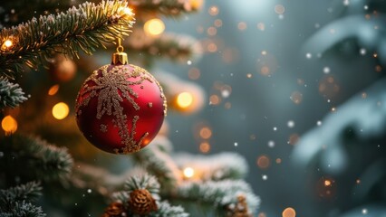 Bright Red Ornament Hanging on a Christmas Tree With Snowflakes and Festive Lights During the Holiday Season