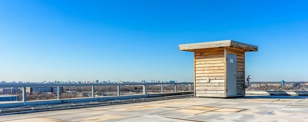 fire alarm and  protection concept. A rooftop view featuring a wooden structure against a clear blue sky.