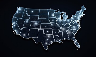 Obraz premium A glowing, high-tech map of the United States, showcasing interconnected nodes, ideal for technology, logistics, or communication-related projects.