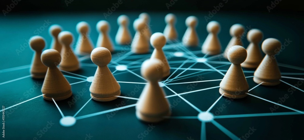 Poster unity and connectivity: group of wooden pawns in network pattern on dark blue background